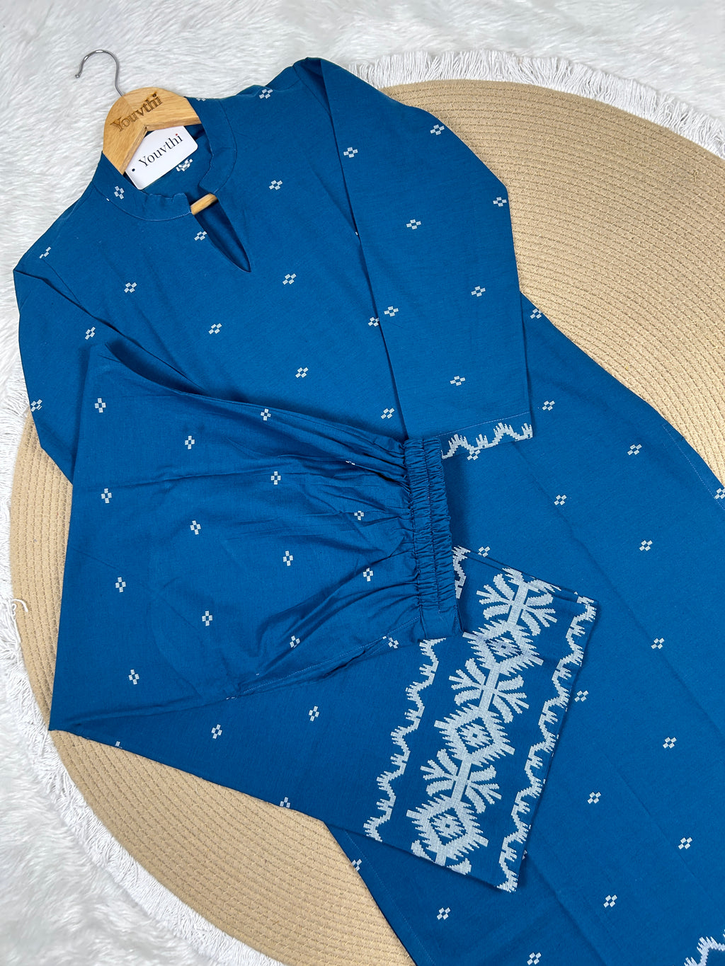 Blue Cotton Straight Cut Kurti Set