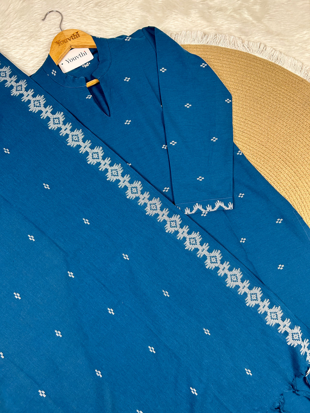 Blue Cotton Straight Cut Kurti Set
