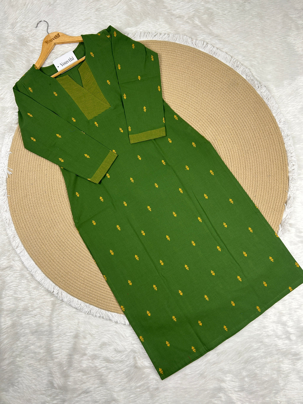 Green Cotton Straight Cut Kurti Set