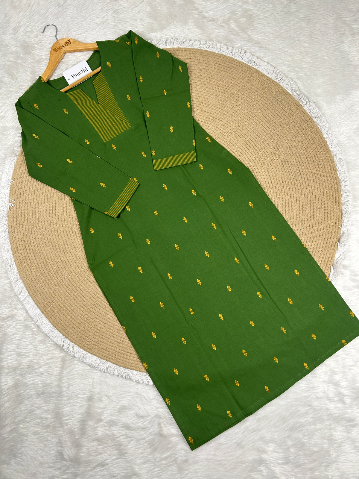 Green Cotton Straight Cut Kurti Set