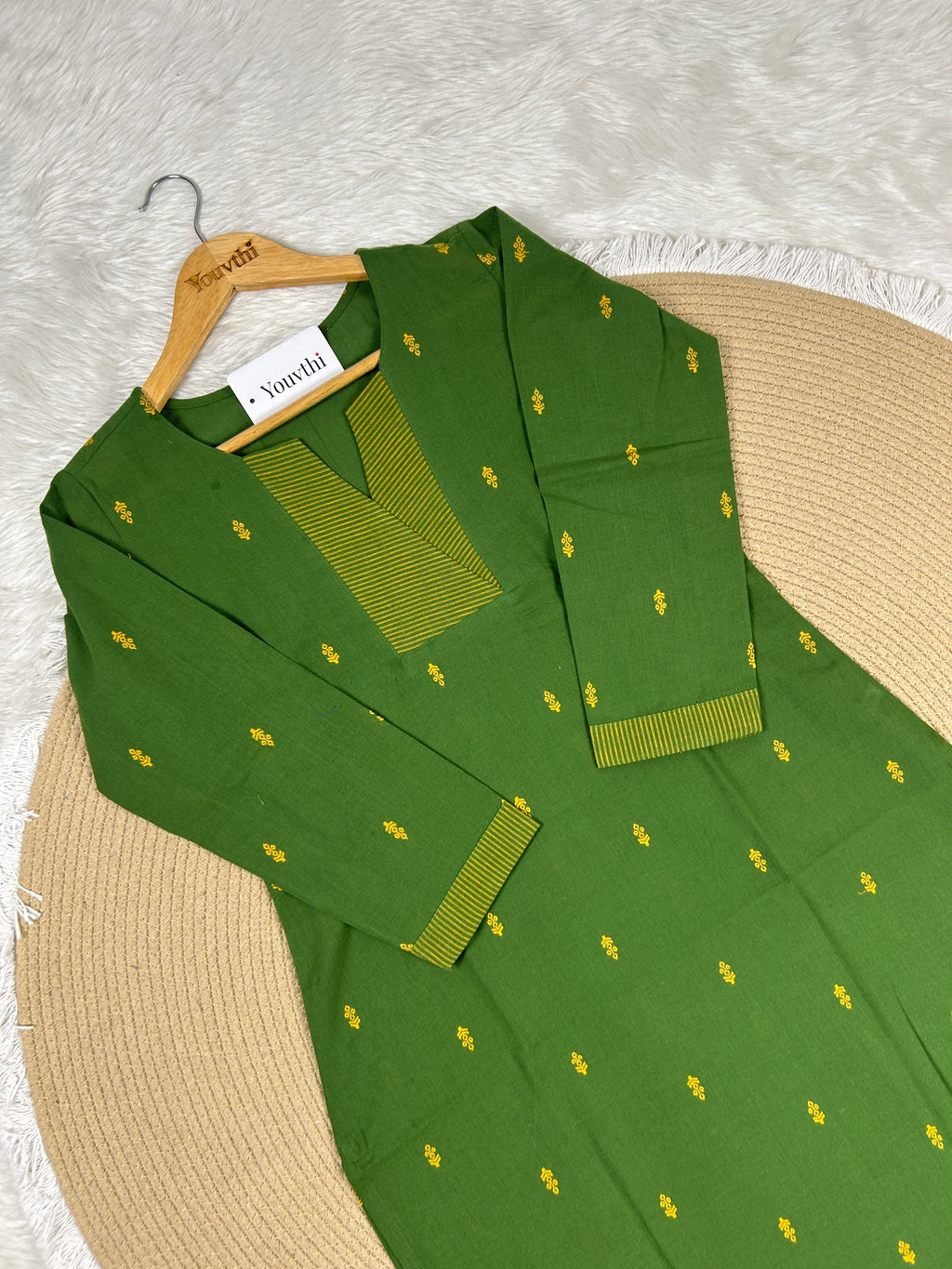 Green Cotton Straight Cut Kurti Set