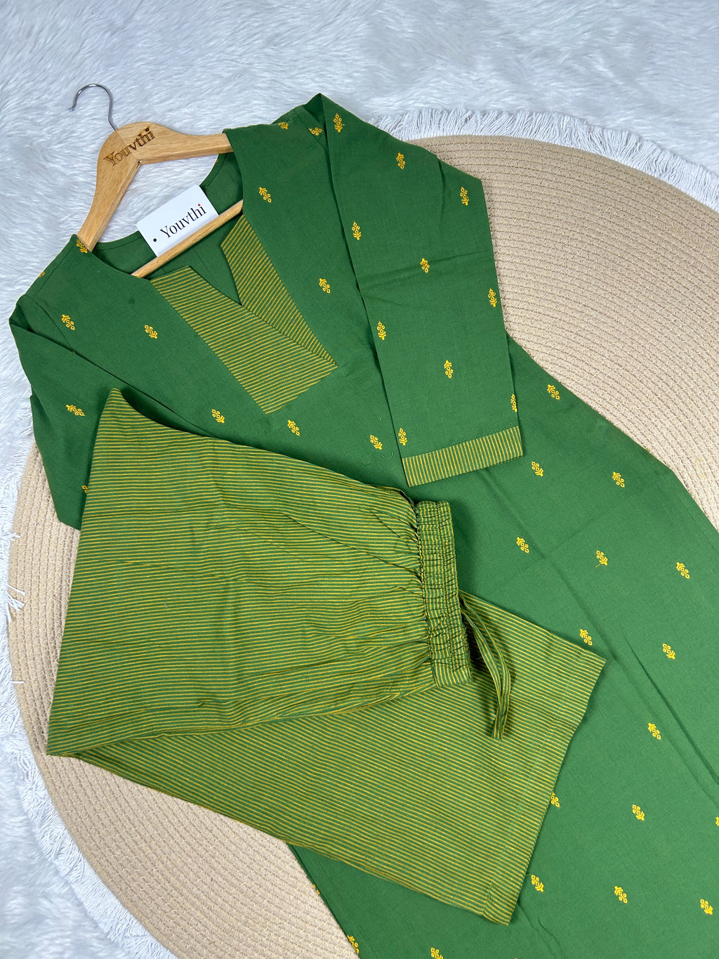 Green Cotton Straight Cut Kurti Set