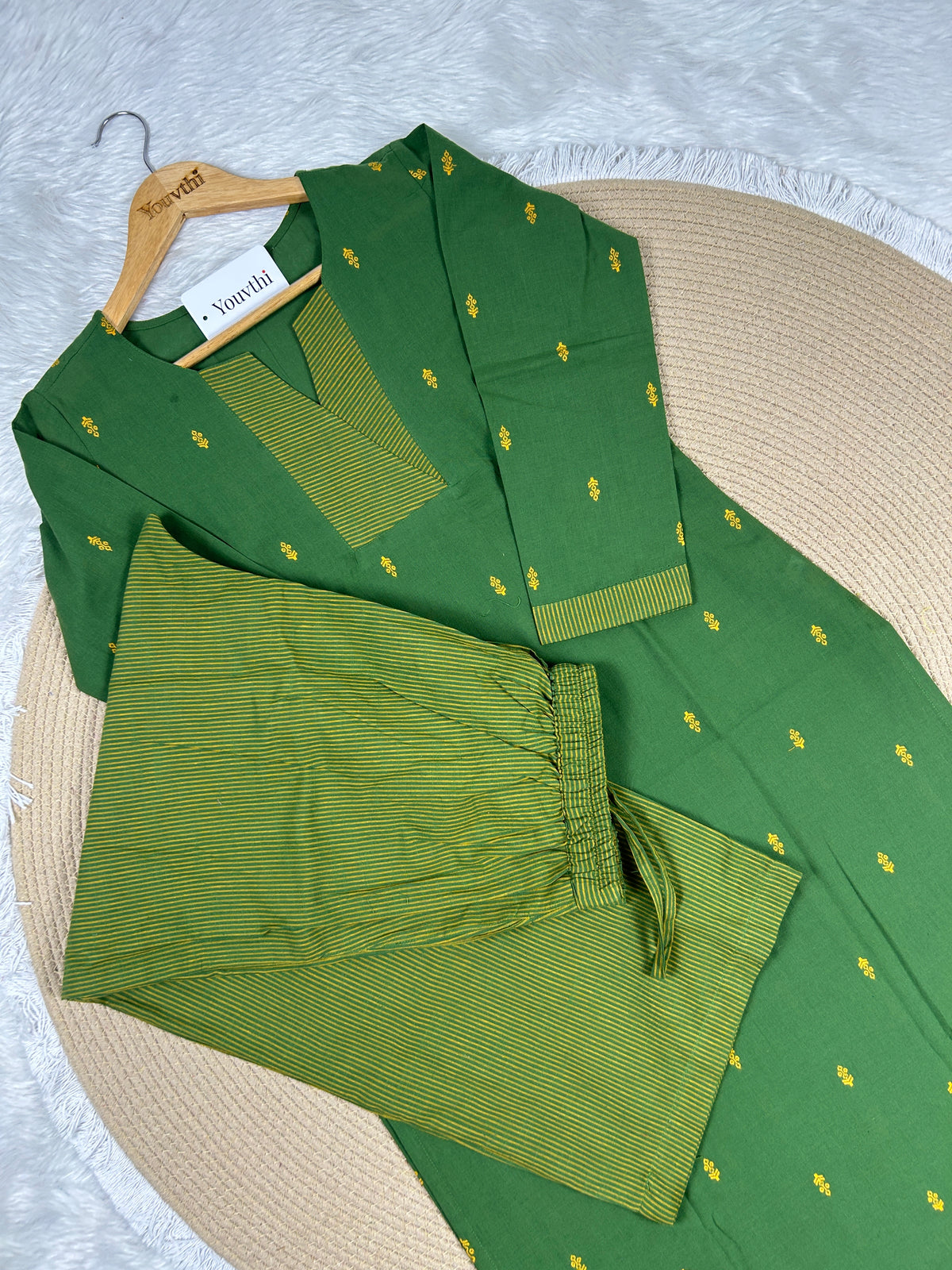 Green Cotton Straight Cut Kurti Set