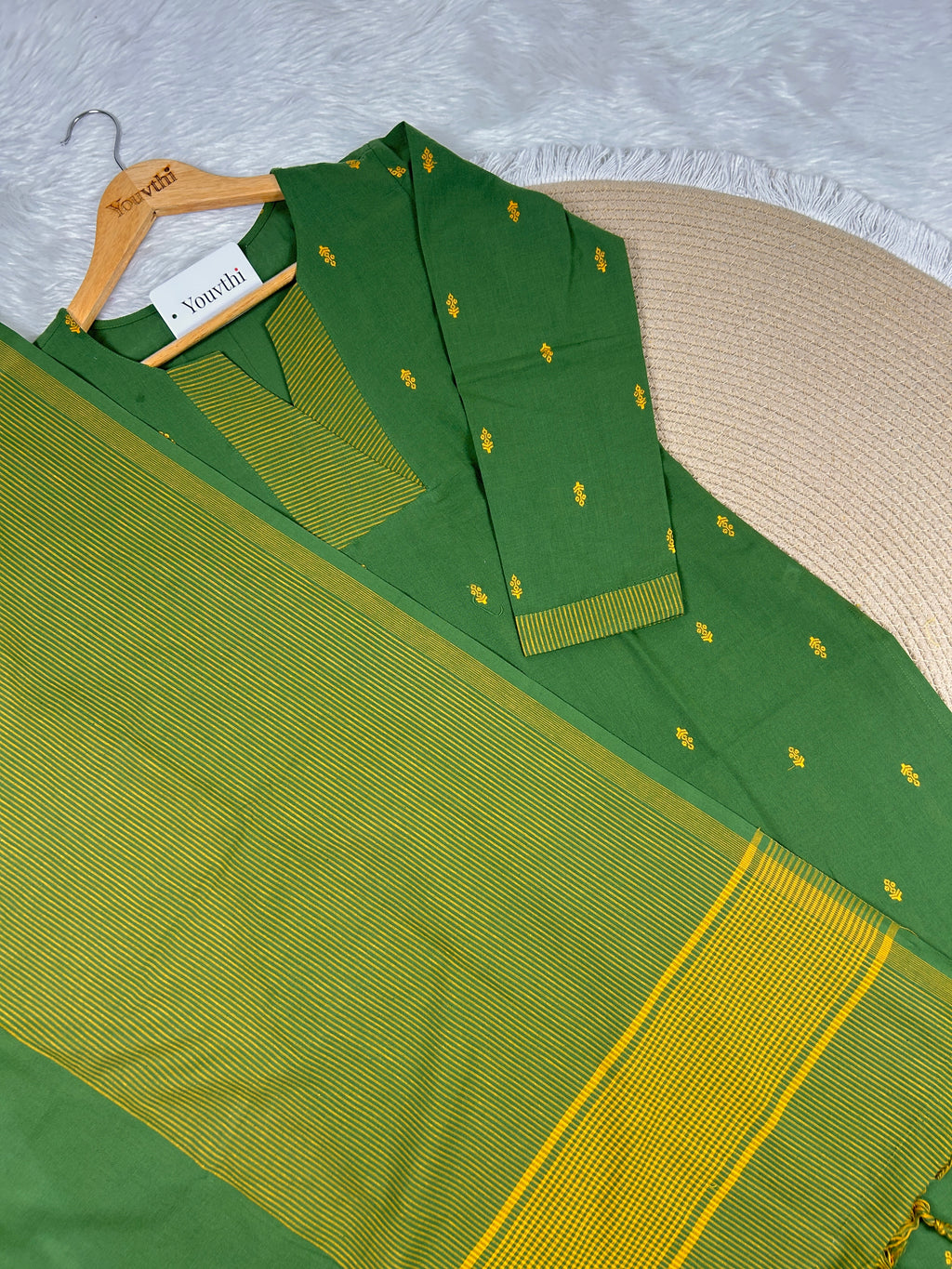 Green Cotton Straight Cut Kurti Set