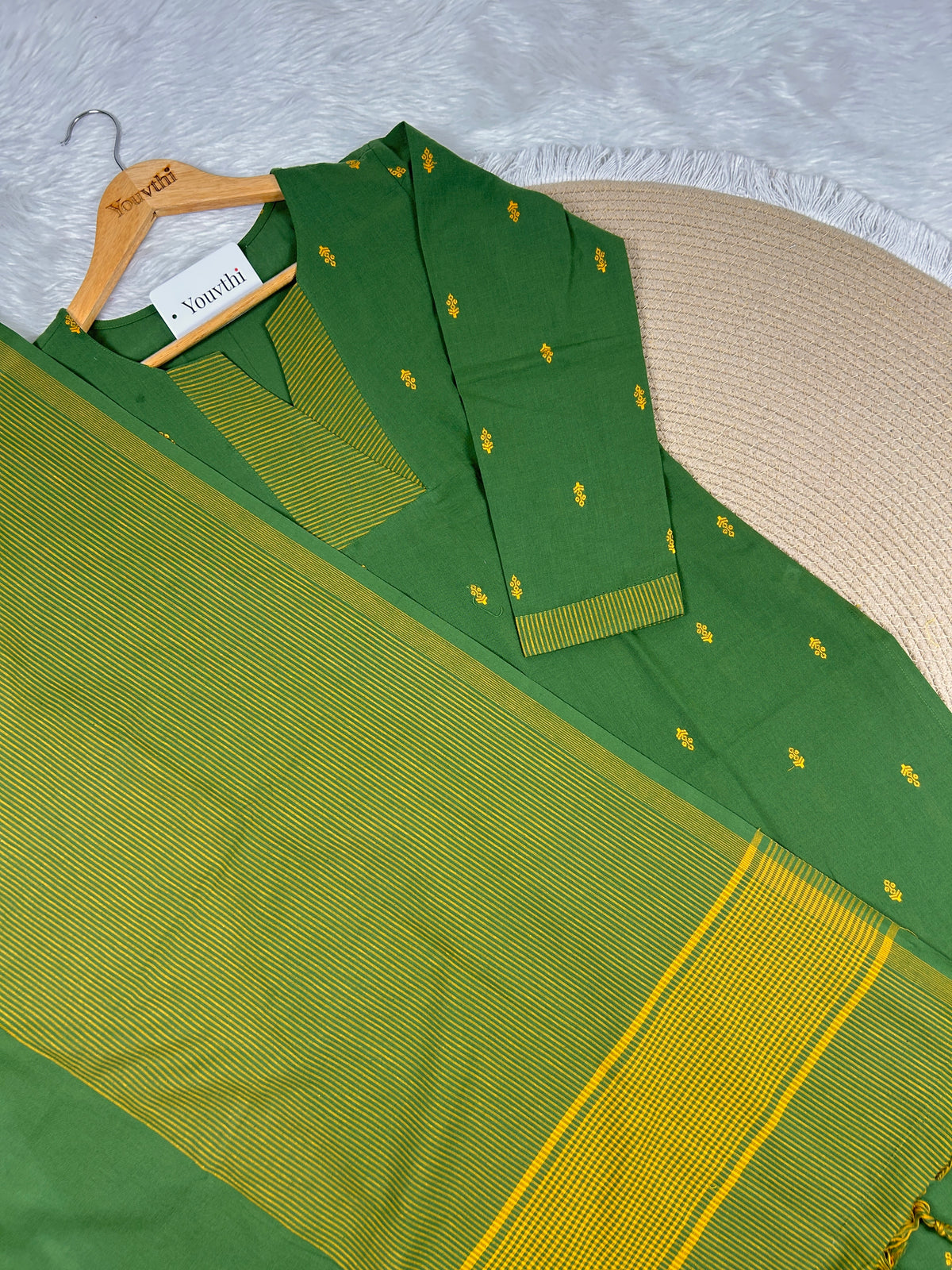 Green Cotton Straight Cut Kurti Set