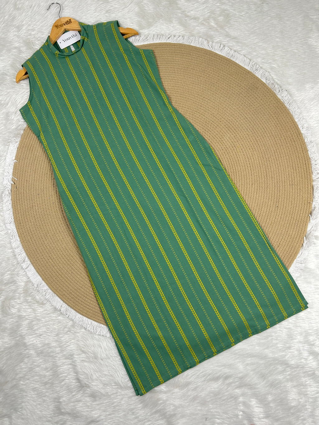 Green Cotton Straight Cut Kurti Set