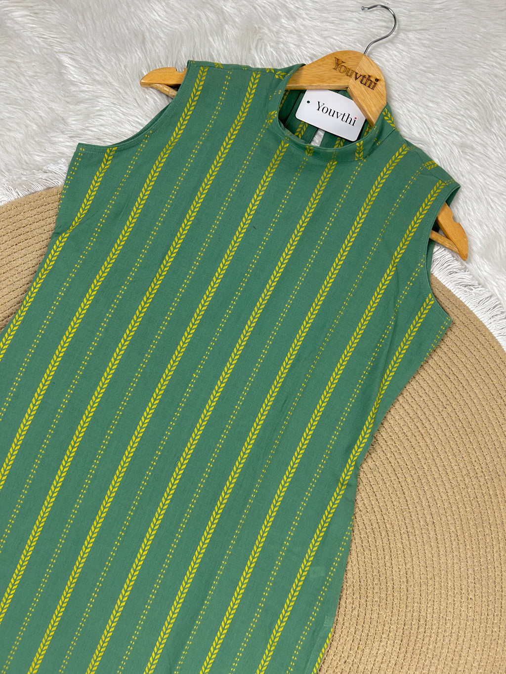 Green Cotton Straight Cut Kurti Set