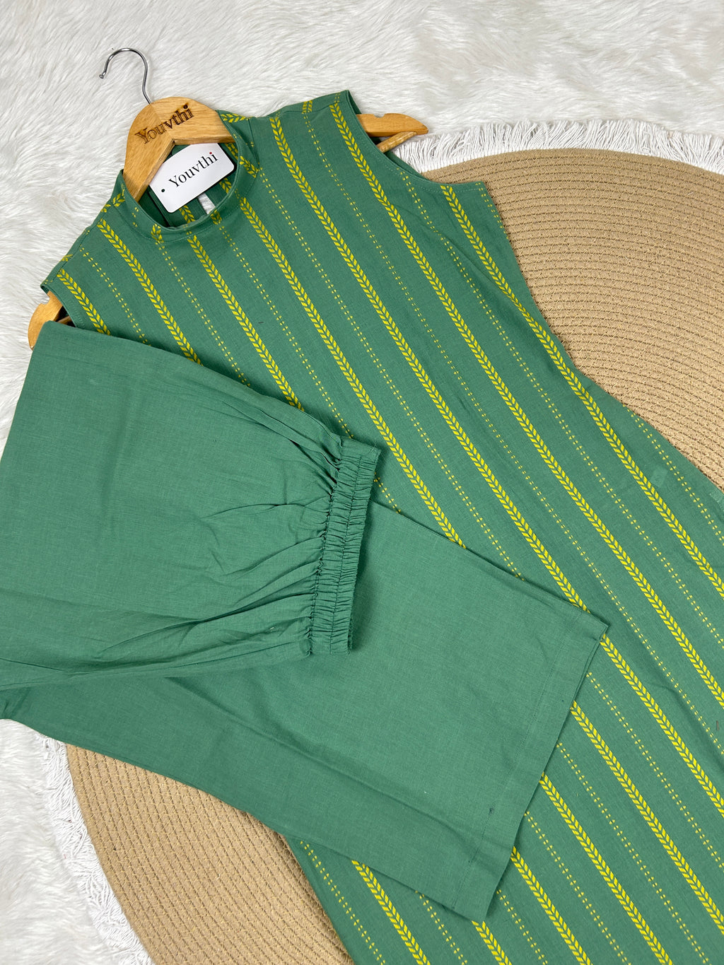 Green Cotton Straight Cut Kurti Set