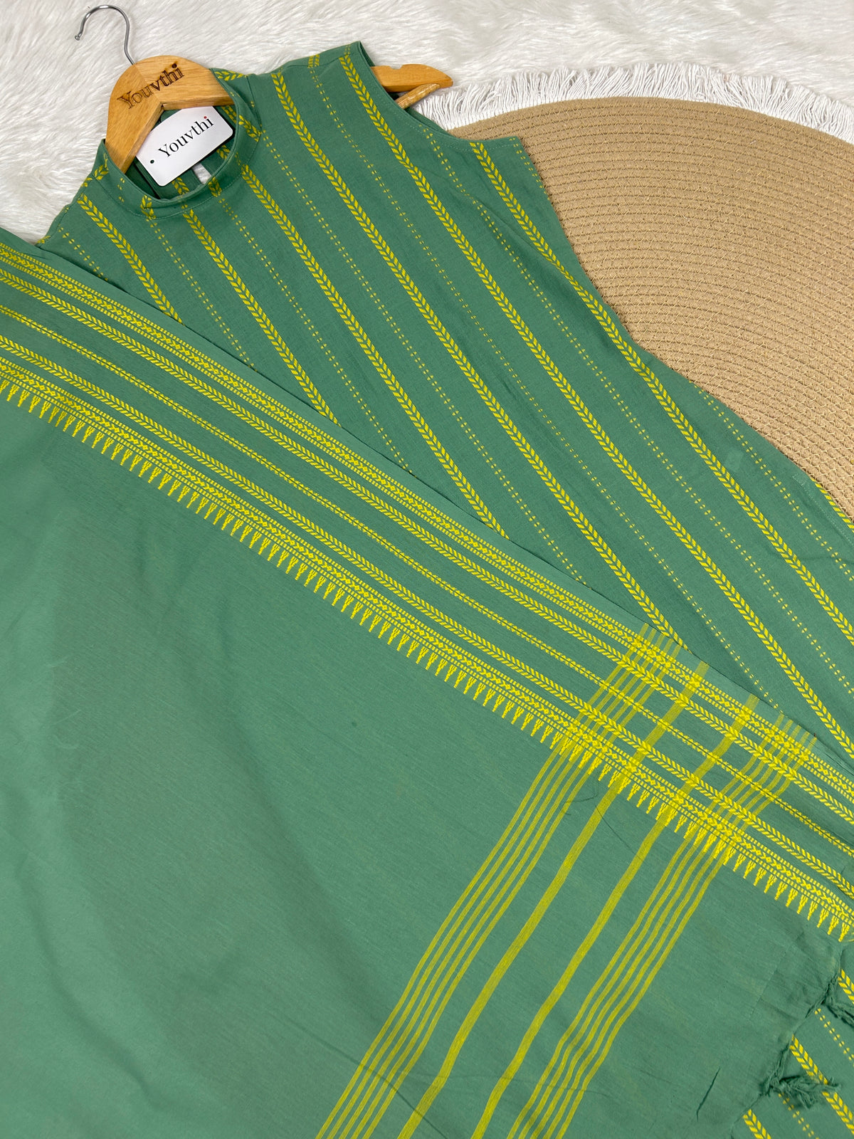 Green Cotton Straight Cut Kurti Set