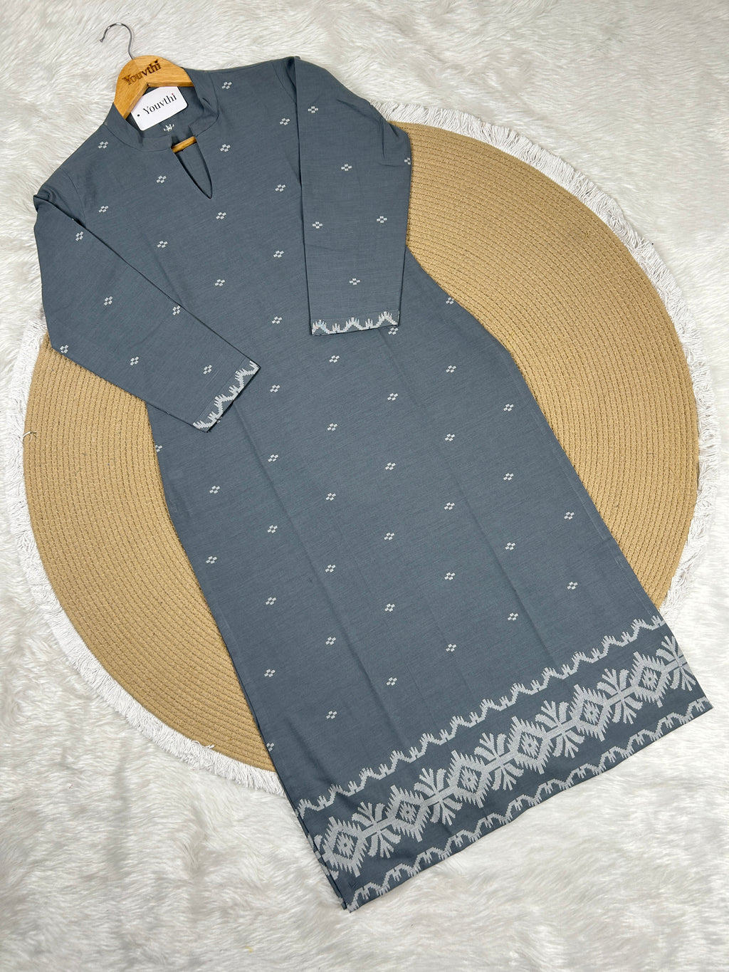 Grey Cotton Straight Cut Kurti Set