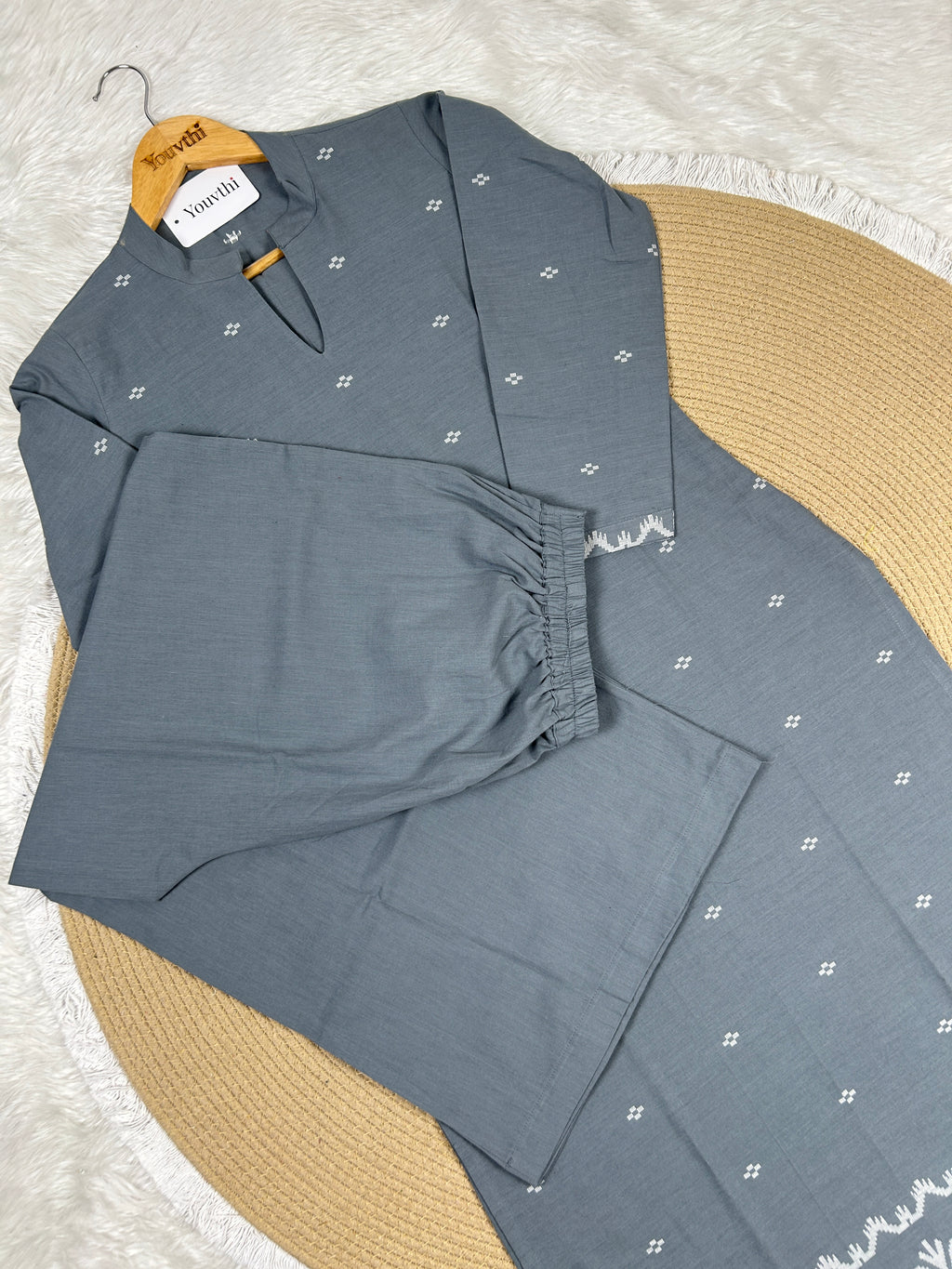 Grey Cotton Straight Cut Kurti Set