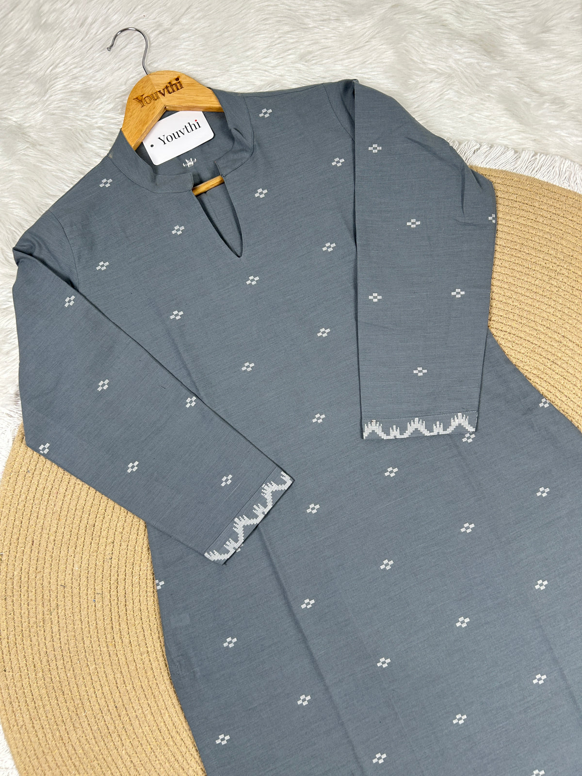 Grey Cotton Straight Cut Kurti Set