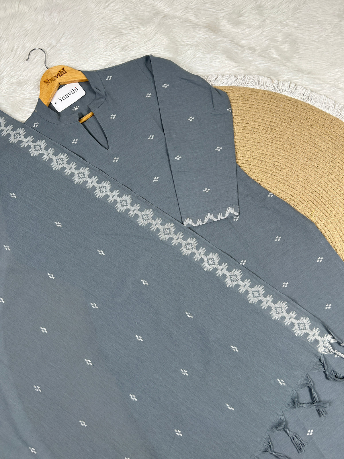 Grey Cotton Straight Cut Kurti Set