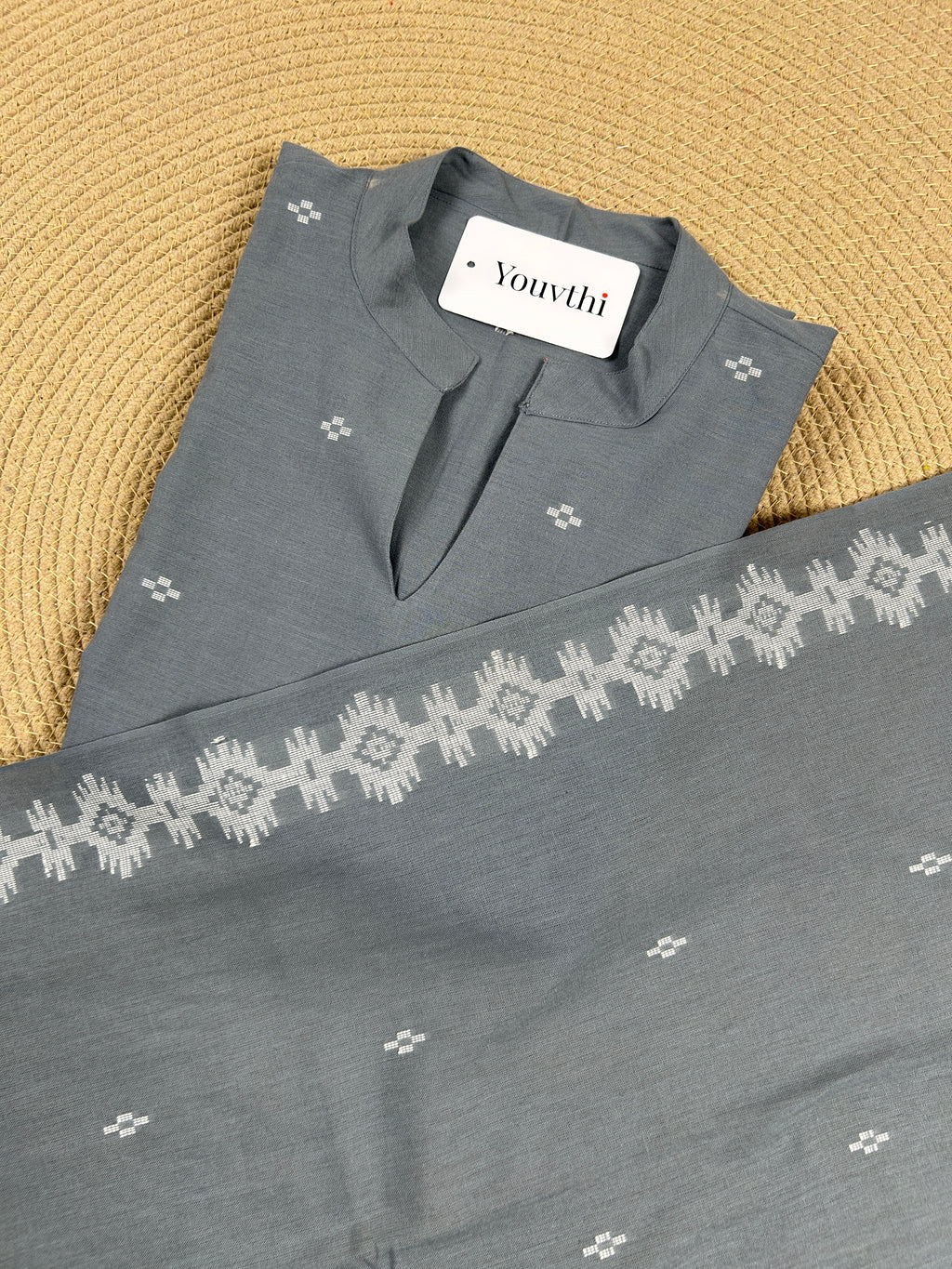 Grey Cotton Straight Cut Kurti Set