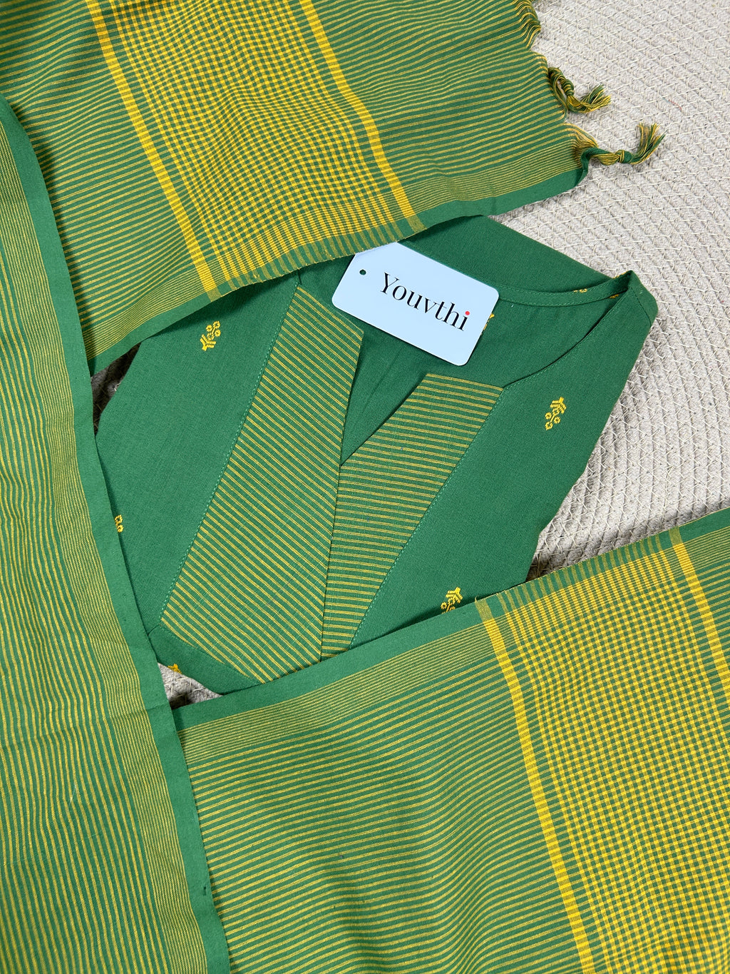 Green Cotton Straight Cut Kurti Set