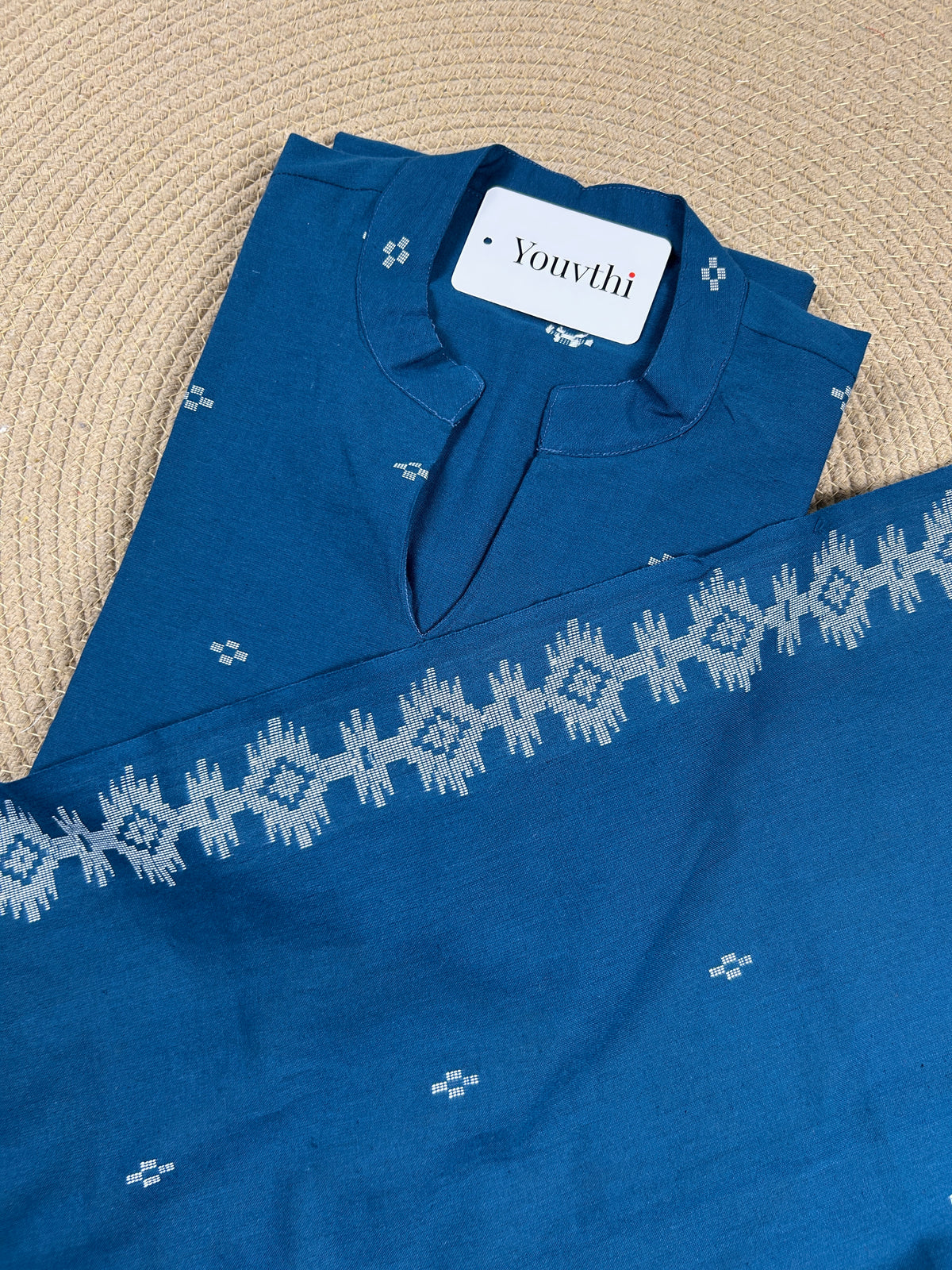 Blue Cotton Straight Cut Kurti Set