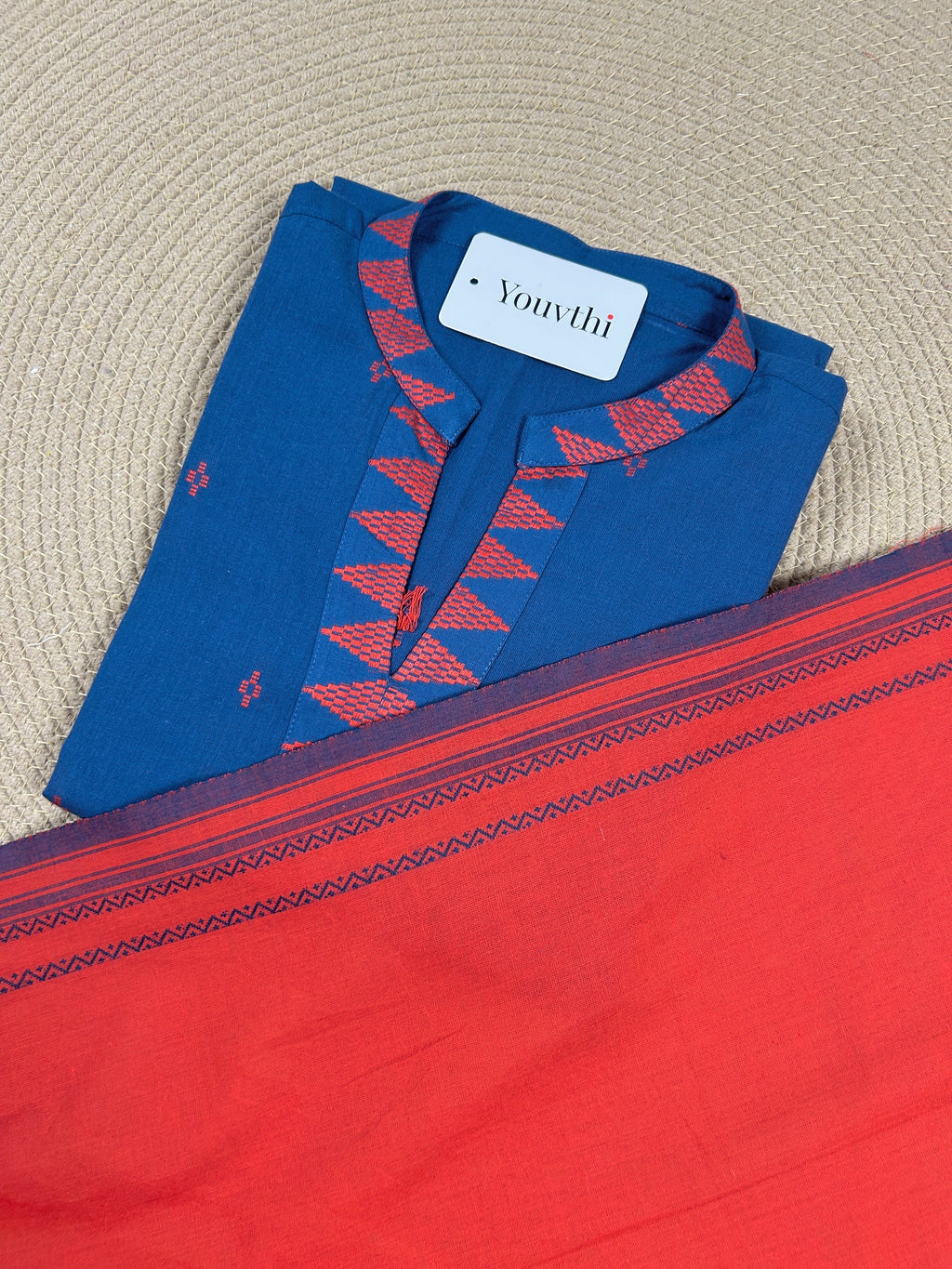 Blue Cotton Straight Cut Kurti Set