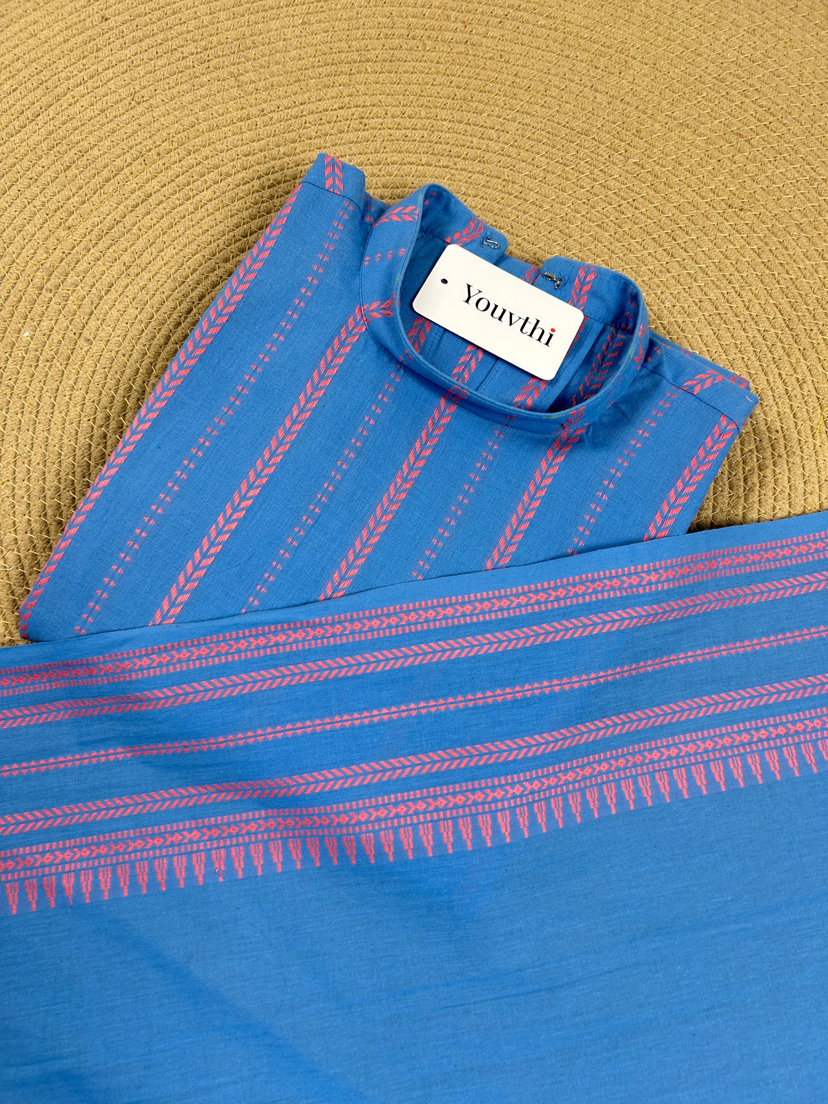 Blue Cotton Straight Cut Kurti Set
