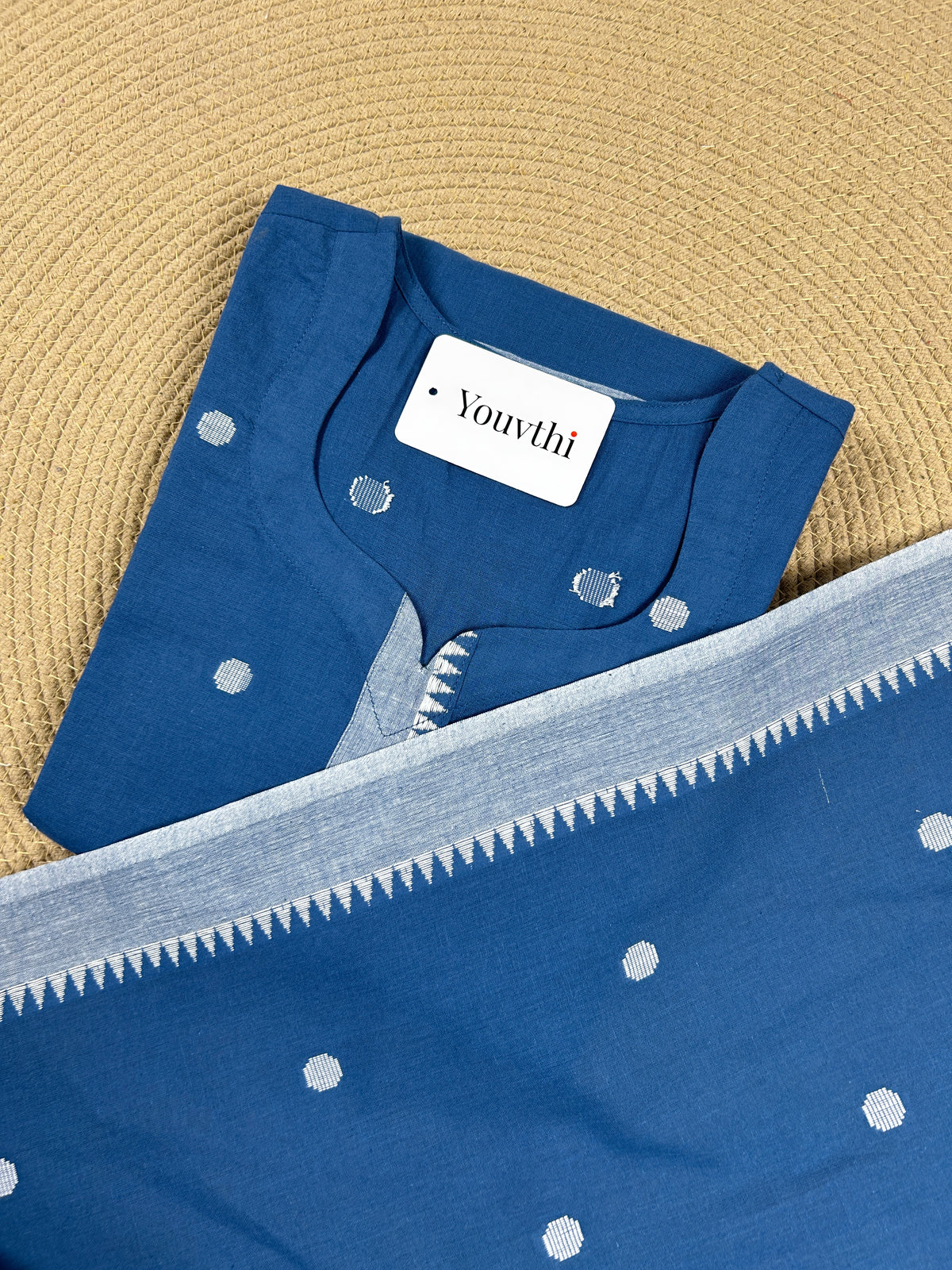Blue Cotton Straight Cut Kurti Set