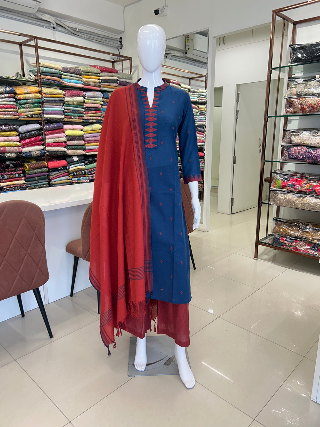 Blue Cotton Straight Cut Kurti Set