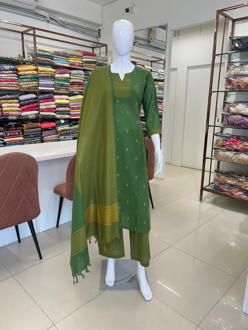 Green Cotton Straight Cut Kurti Set