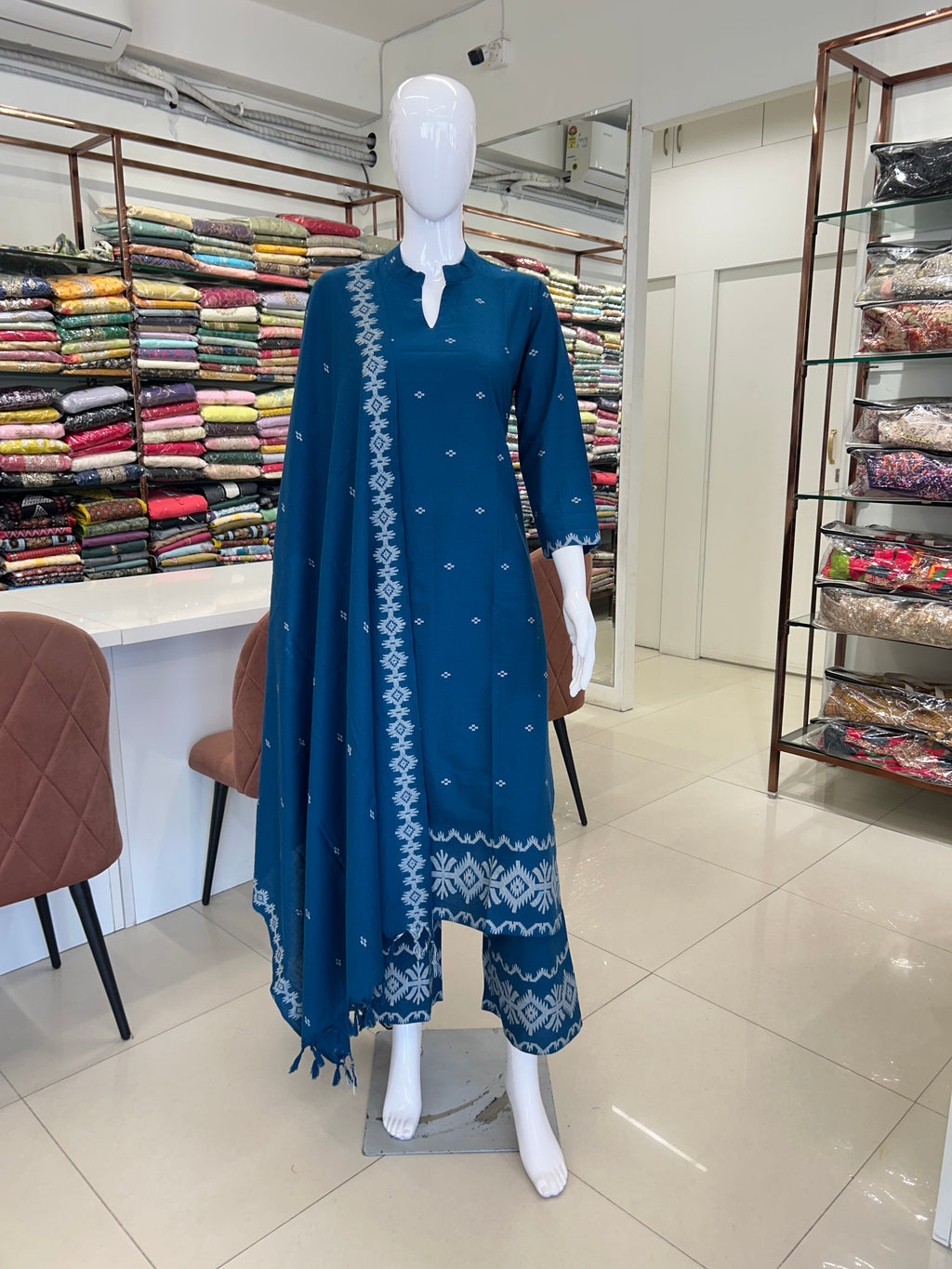 Blue Cotton Straight Cut Kurti Set