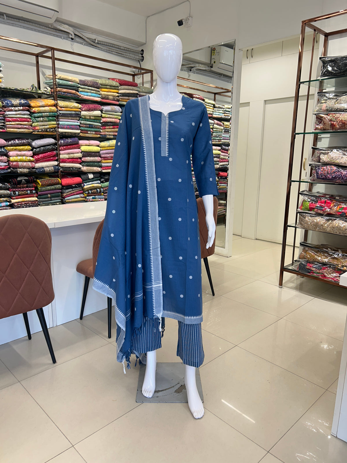 Blue Cotton Straight Cut Kurti Set