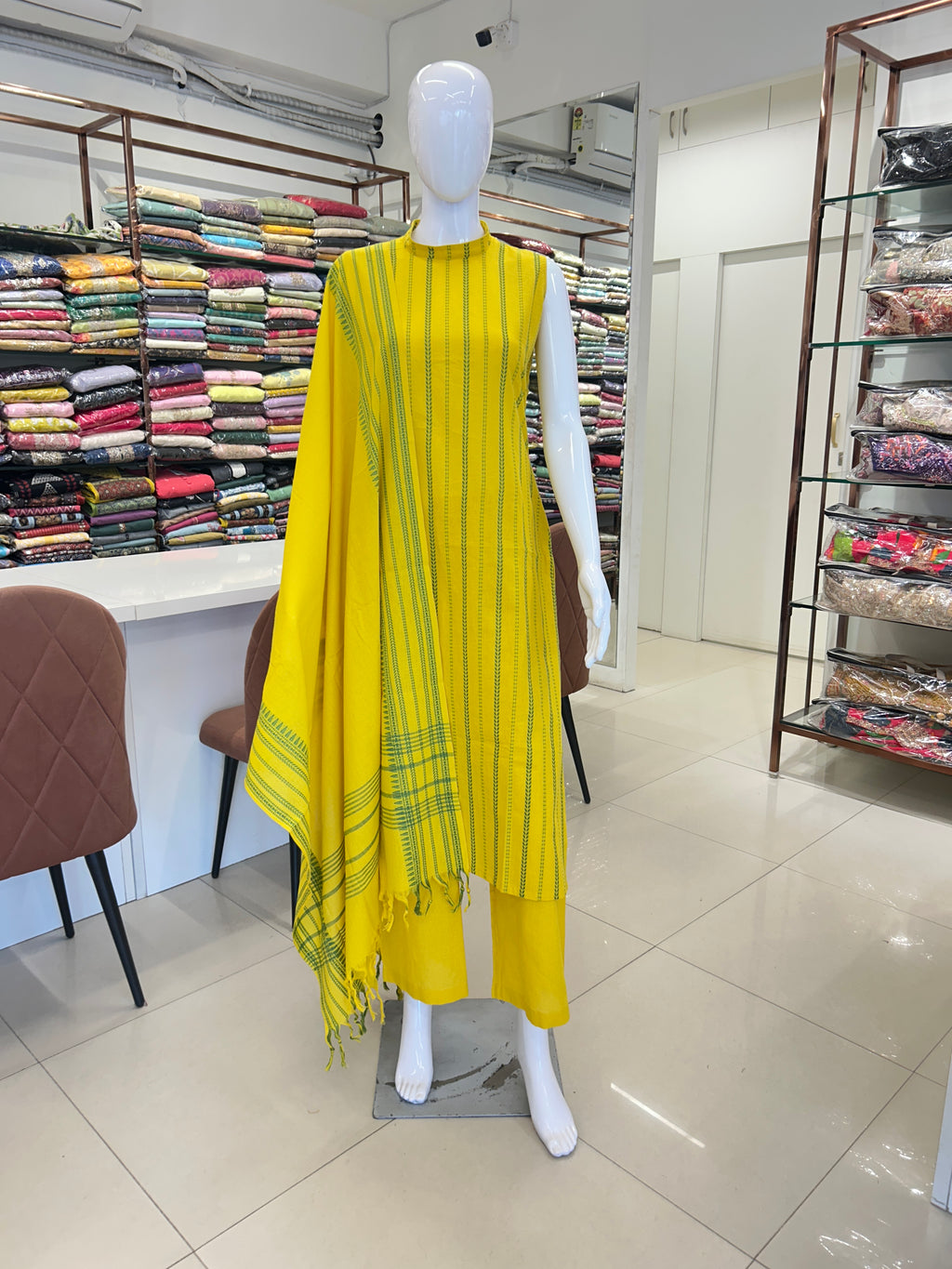 Lemon Yellow Cotton Straight Cut Kurti Set
