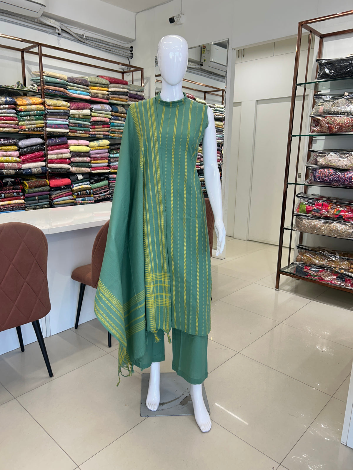 Green Cotton Straight Cut Kurti Set