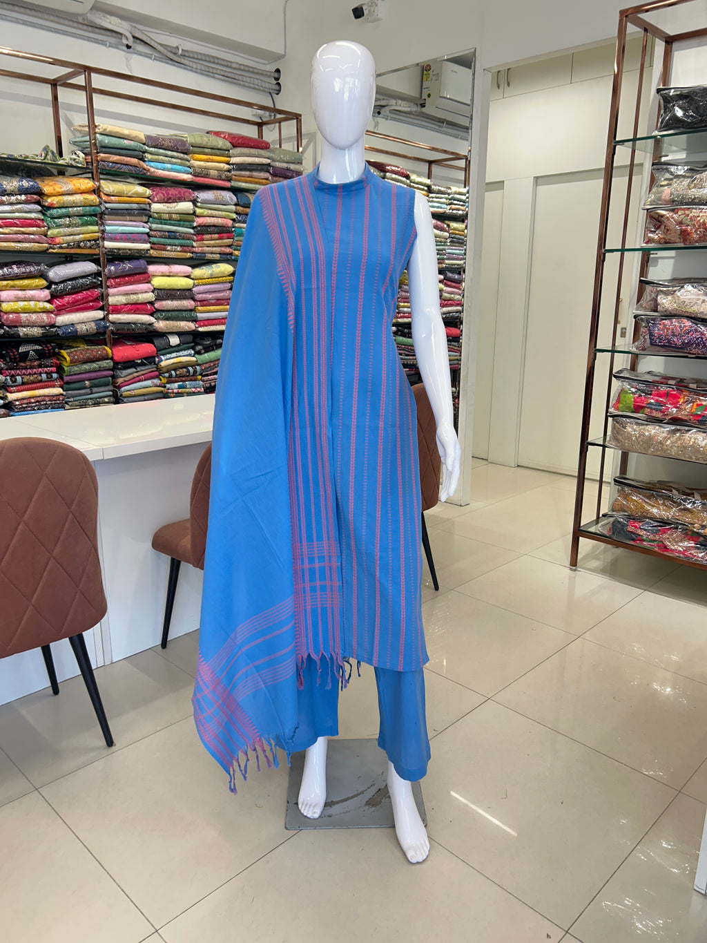 Blue Cotton Straight Cut Kurti Set