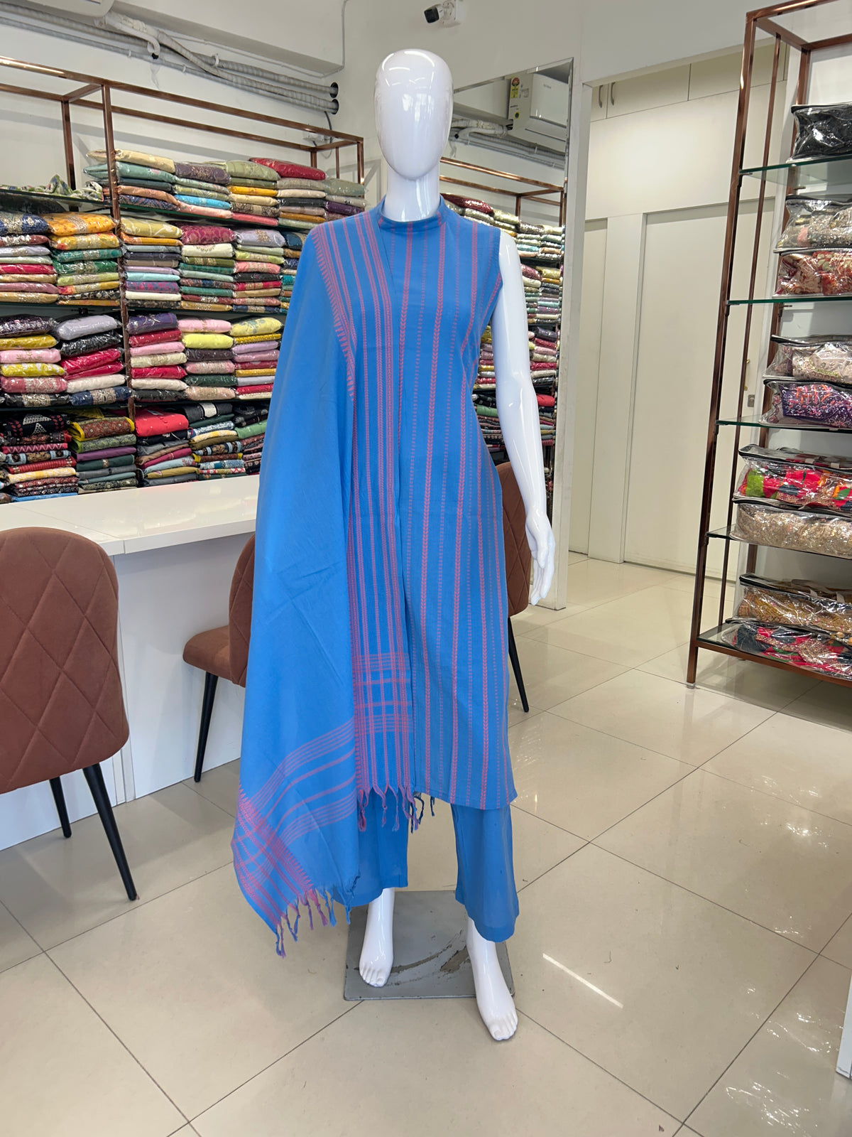 Blue Cotton Straight Cut Kurti Set