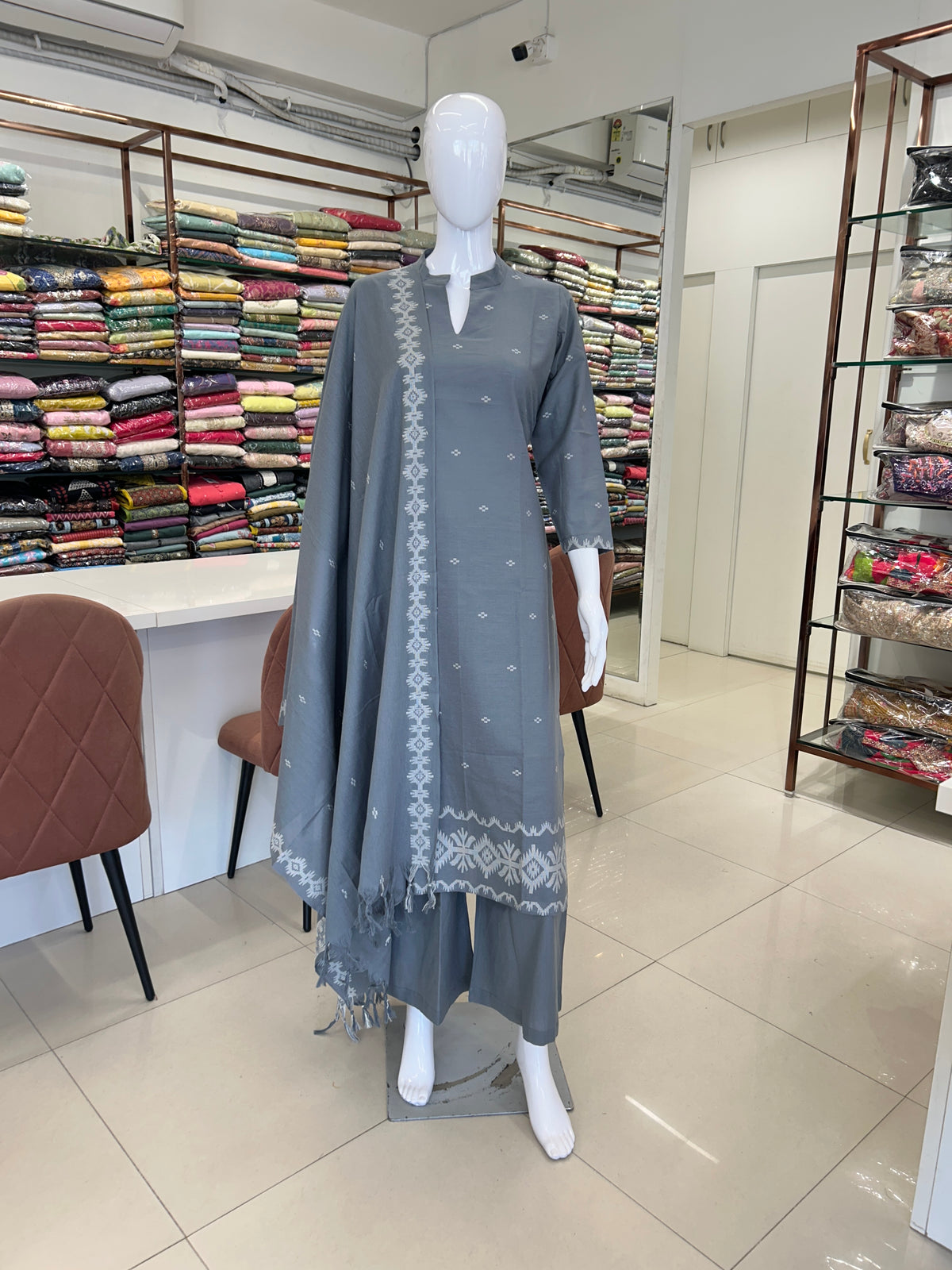 Grey Cotton Straight Cut Kurti Set