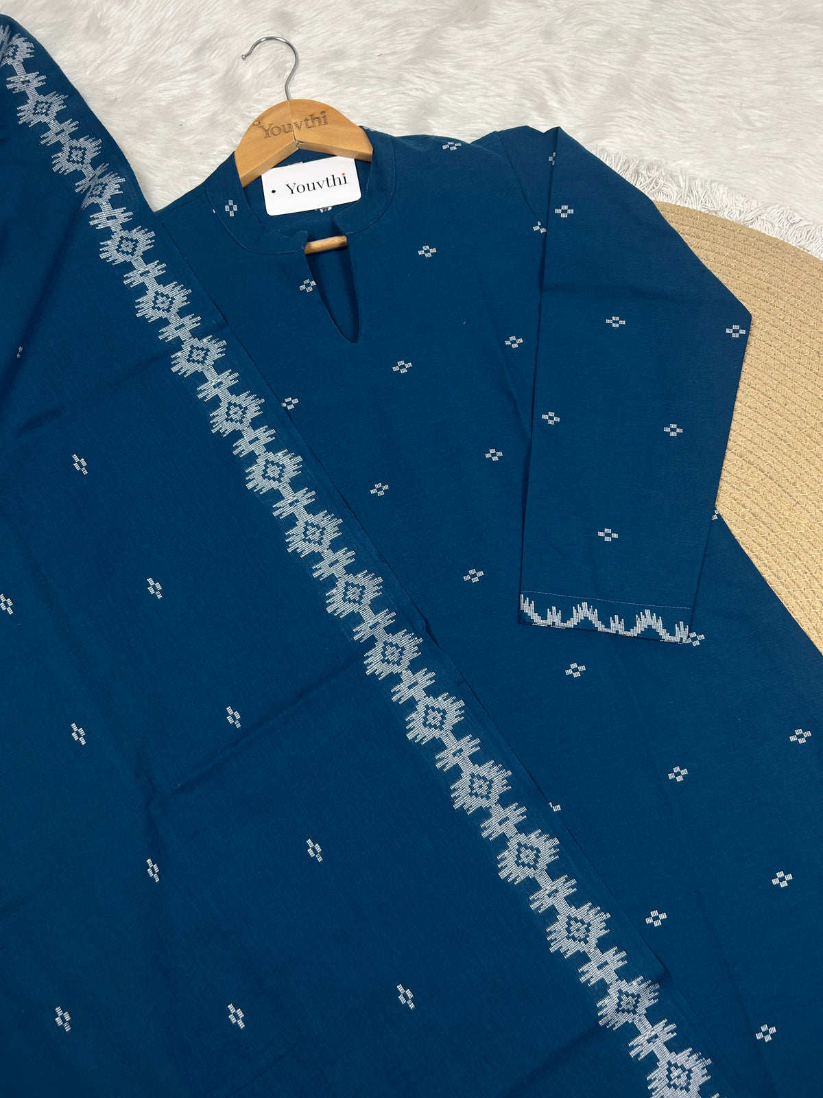 Blue Cotton Straight Cut Kurti Set