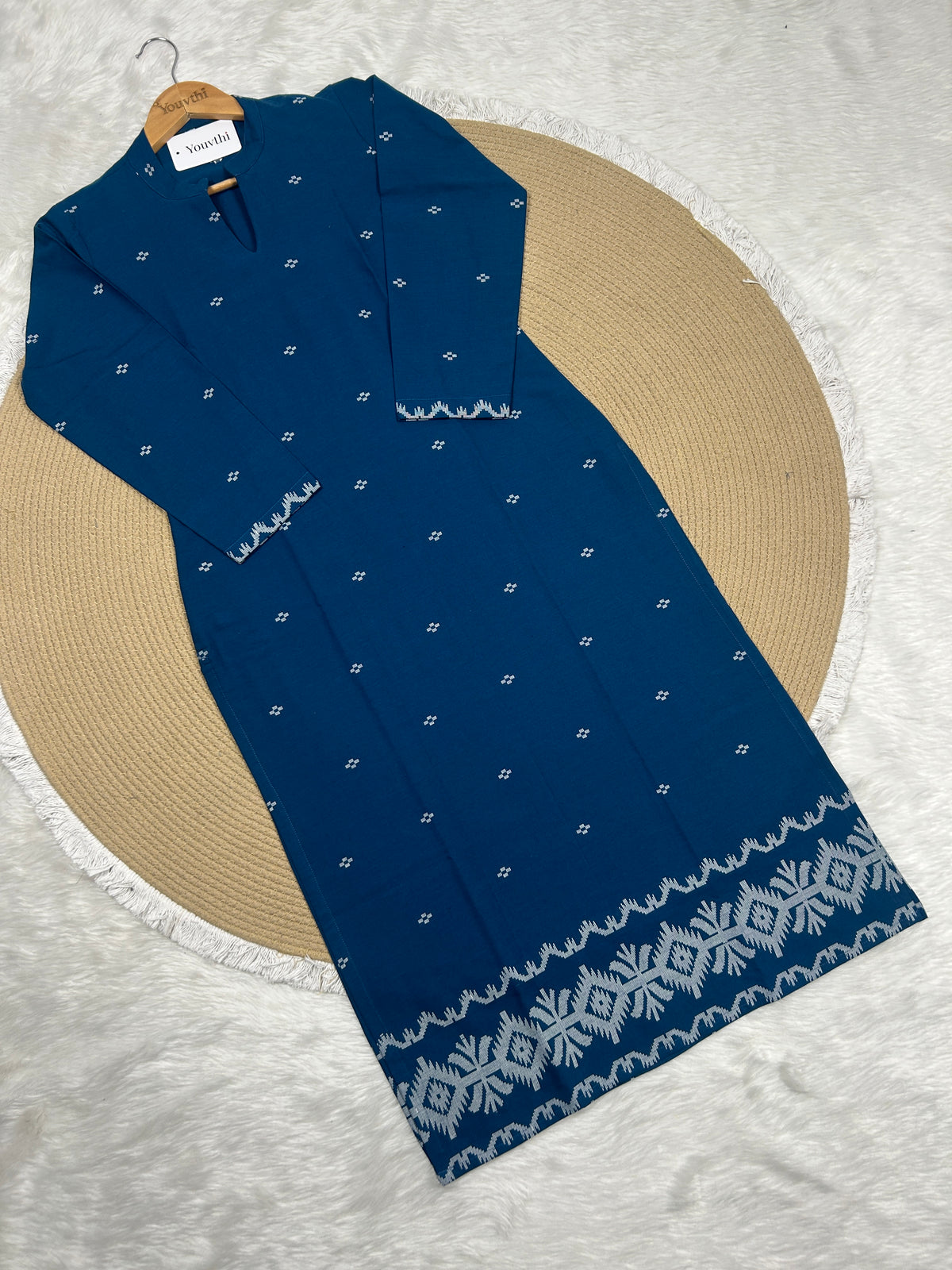 Blue Cotton Straight Cut Kurti Set