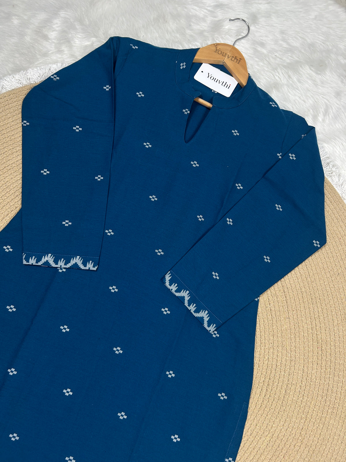 Blue Cotton Straight Cut Kurti Set