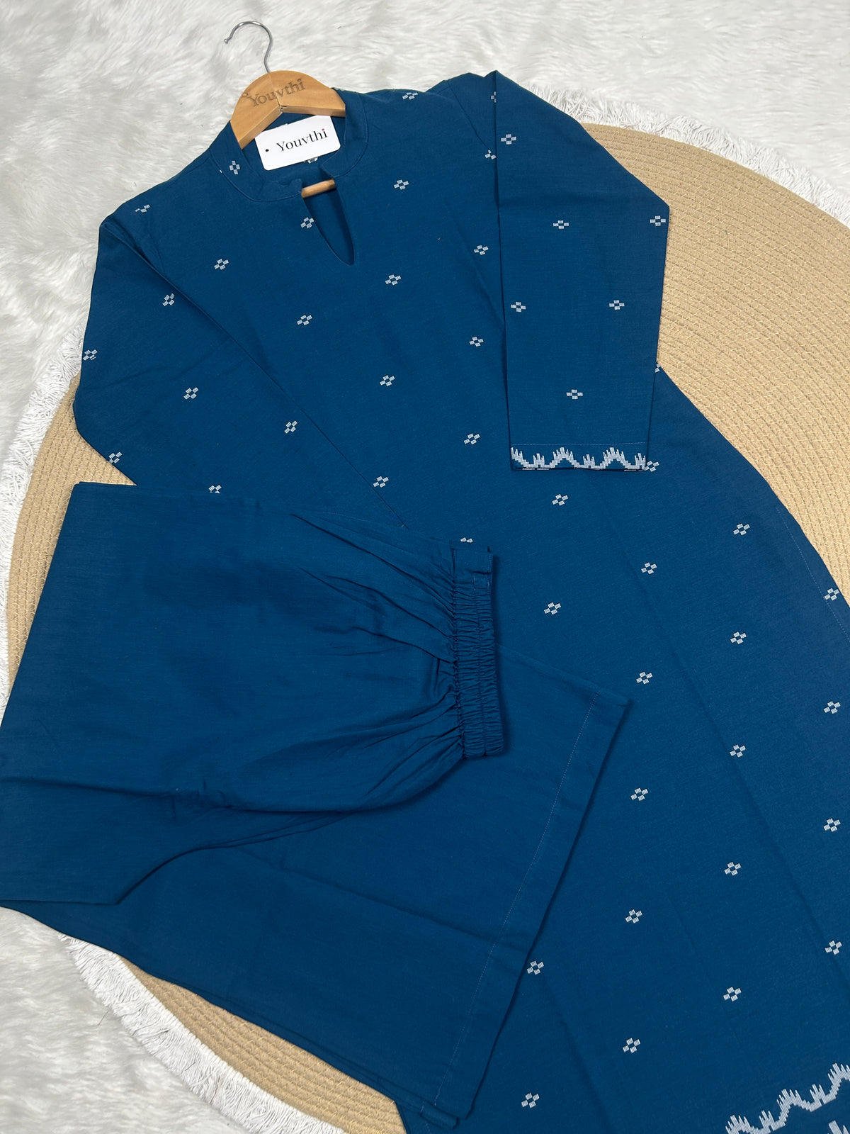 Blue Cotton Straight Cut Kurti Set