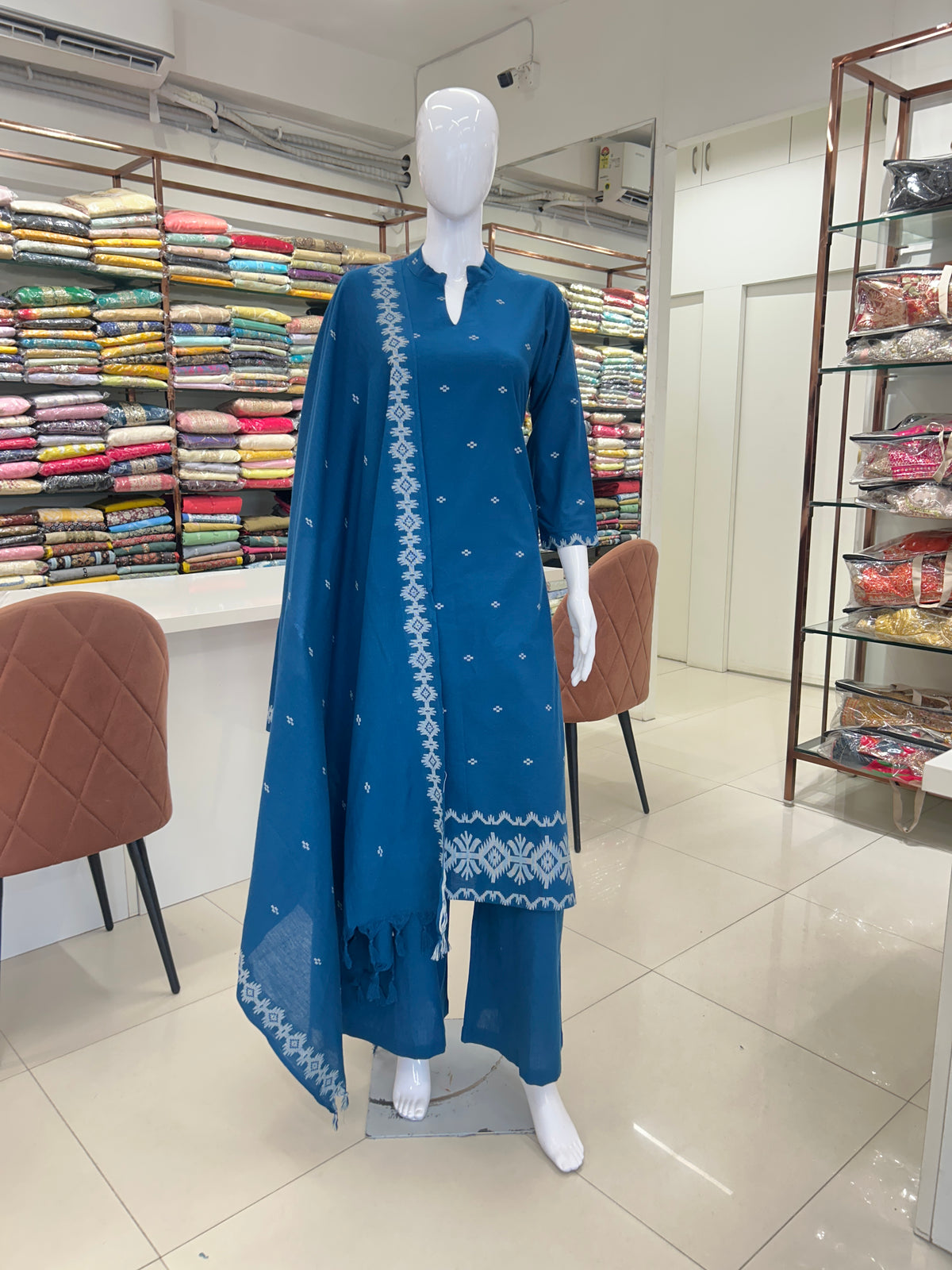 Blue Cotton Straight Cut Kurti Set