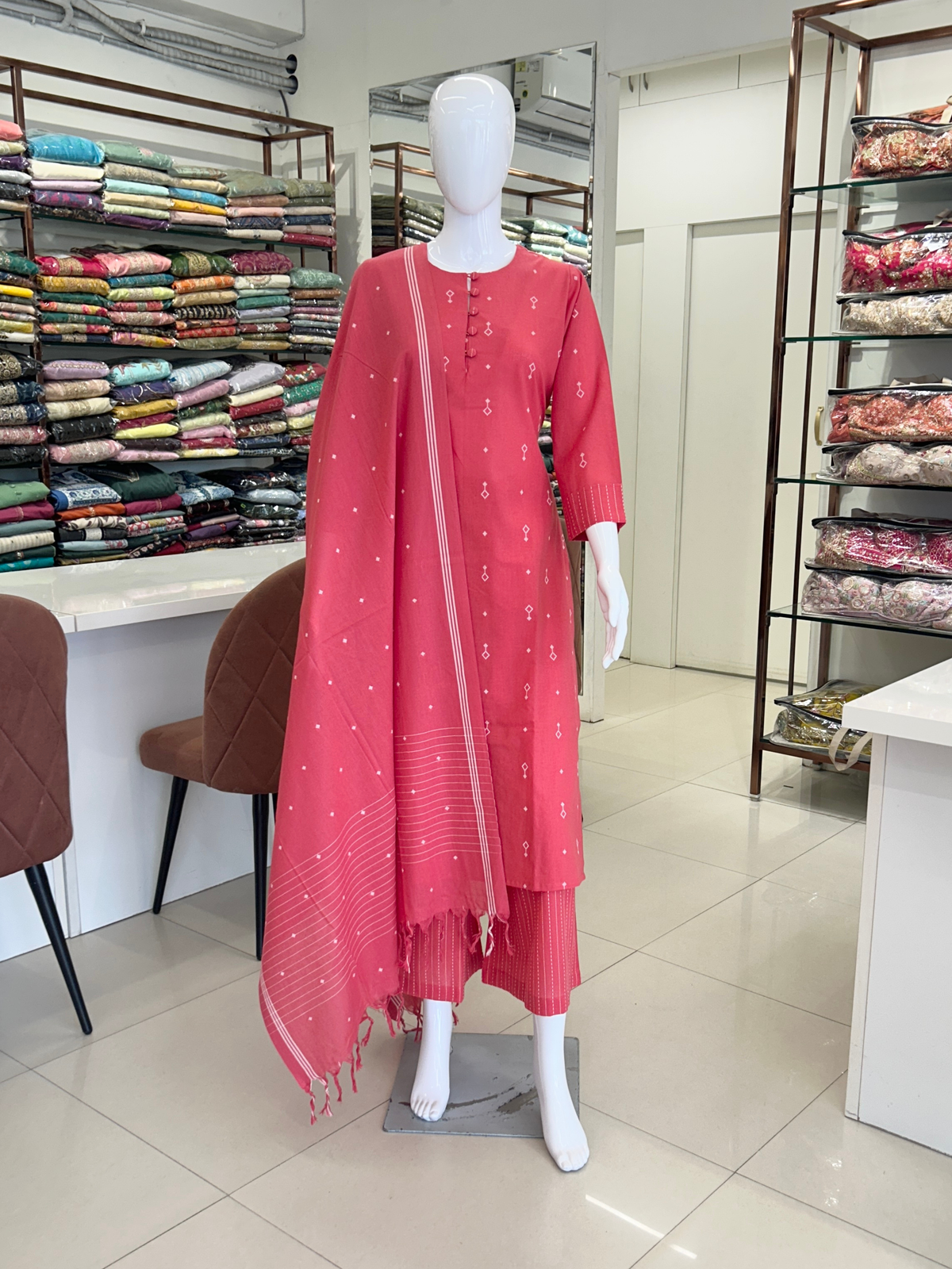 Rose Pink Cotton Straight Cut Kurti Set