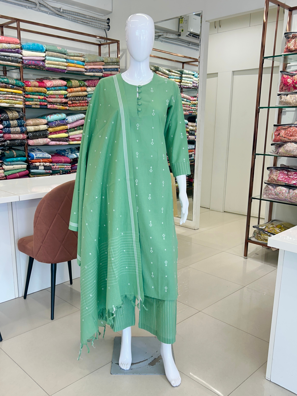 Green Cotton Straight Cut Kurti Set