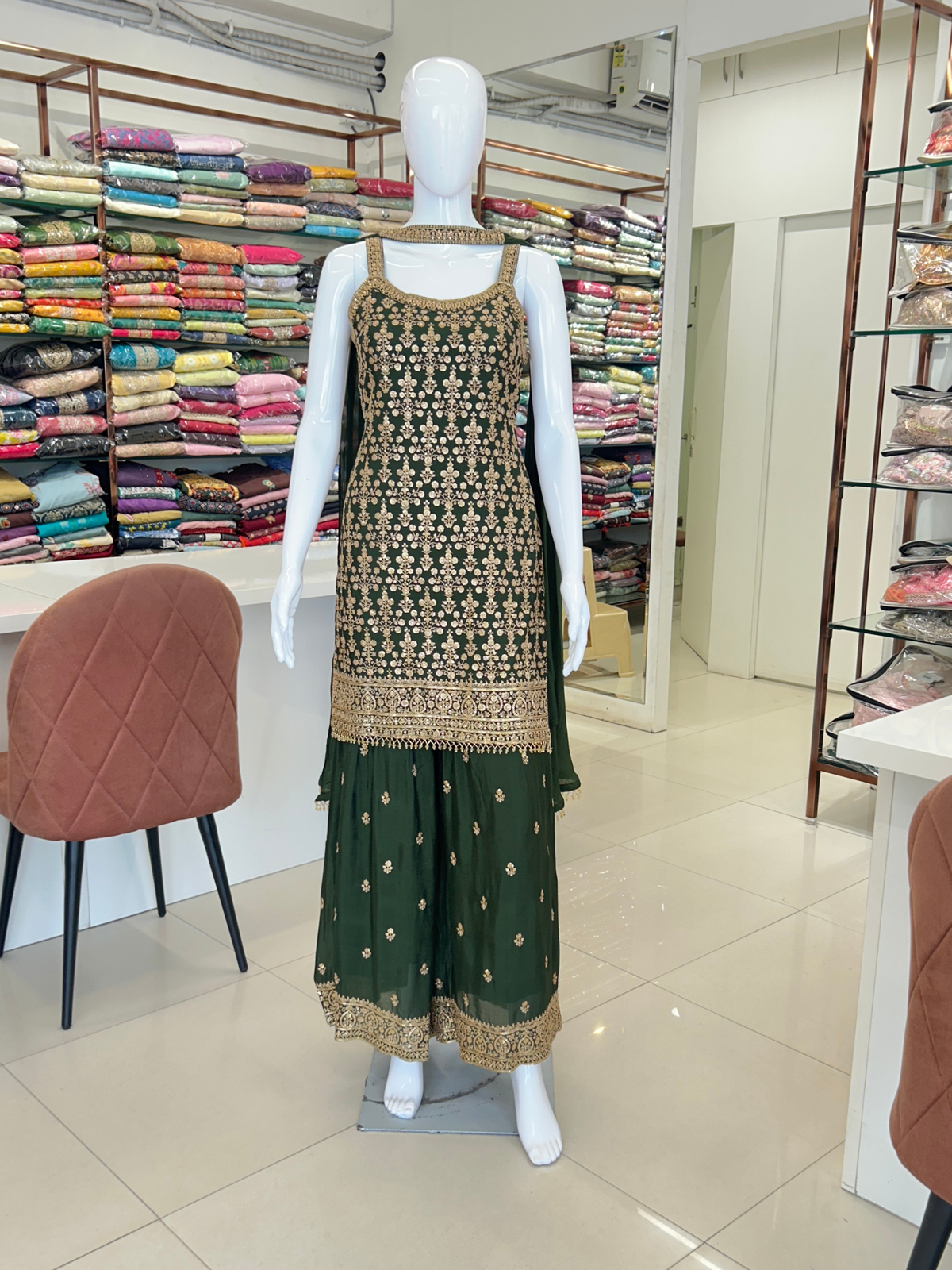 Green Chinnon Sharara Suit