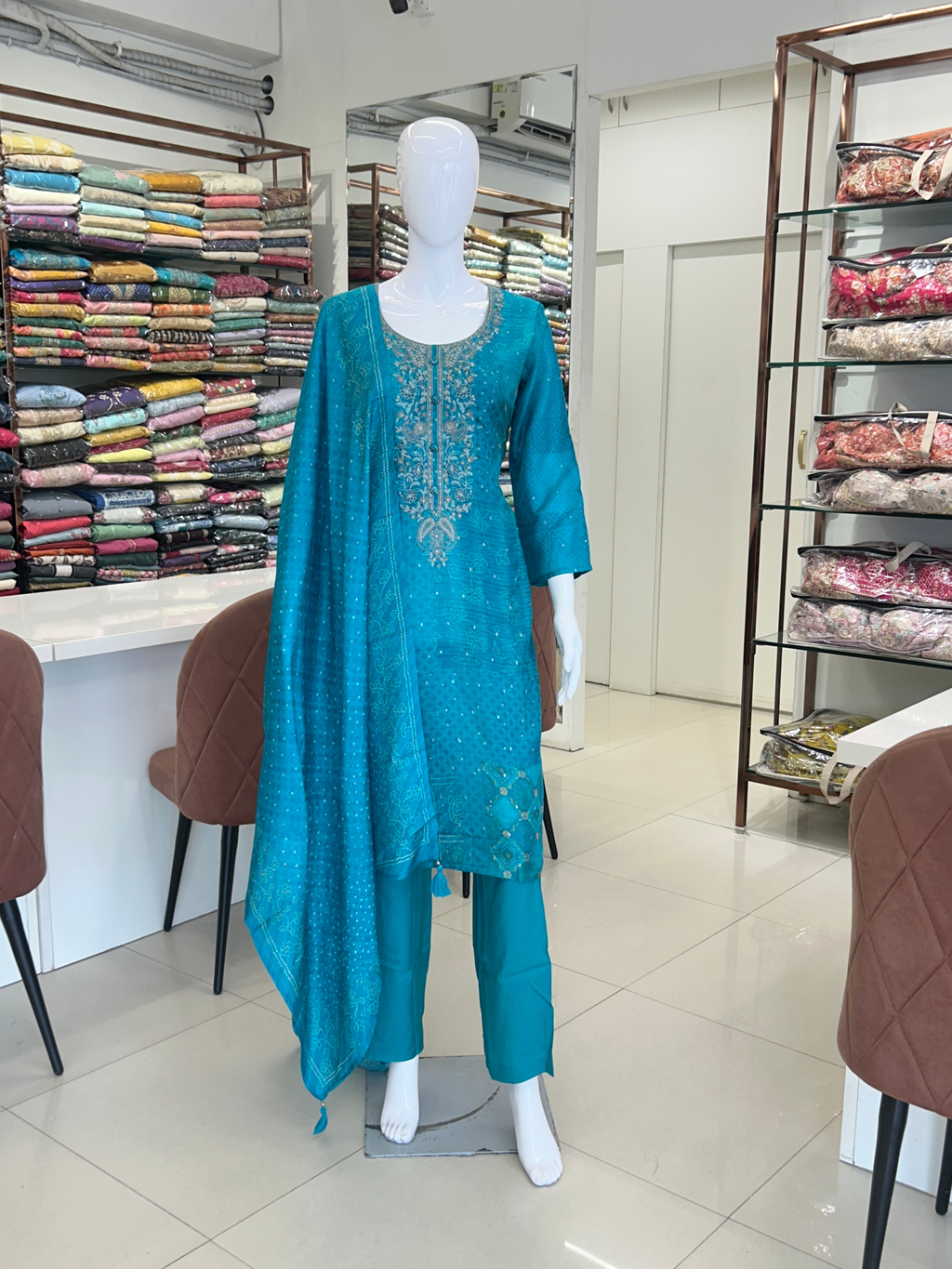 Peacock Teal Paisley Printed Kurti Suit