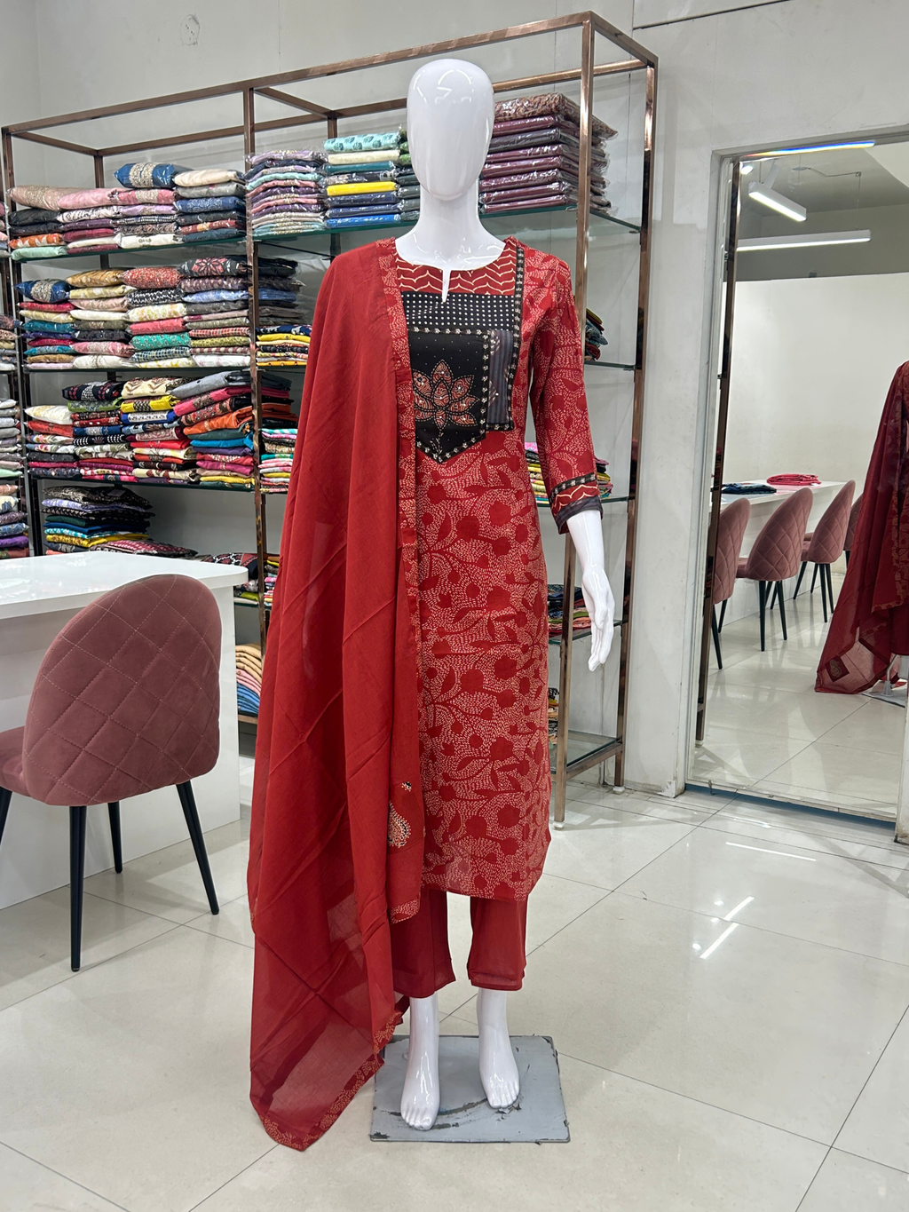 Red Cotton Kurti Set