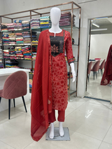 Red Cotton Kurti Set