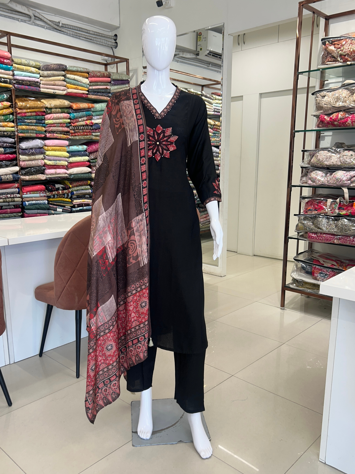 Black Muslin Aline Suit
