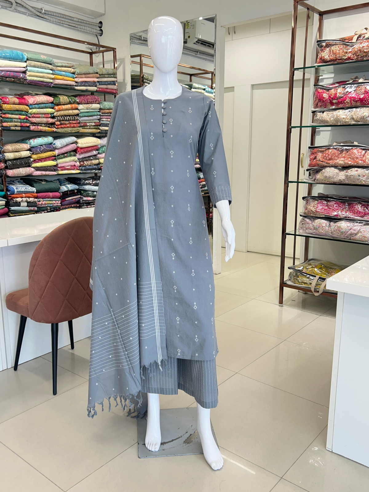 Grey Cotton Straight Cut Kurti Set