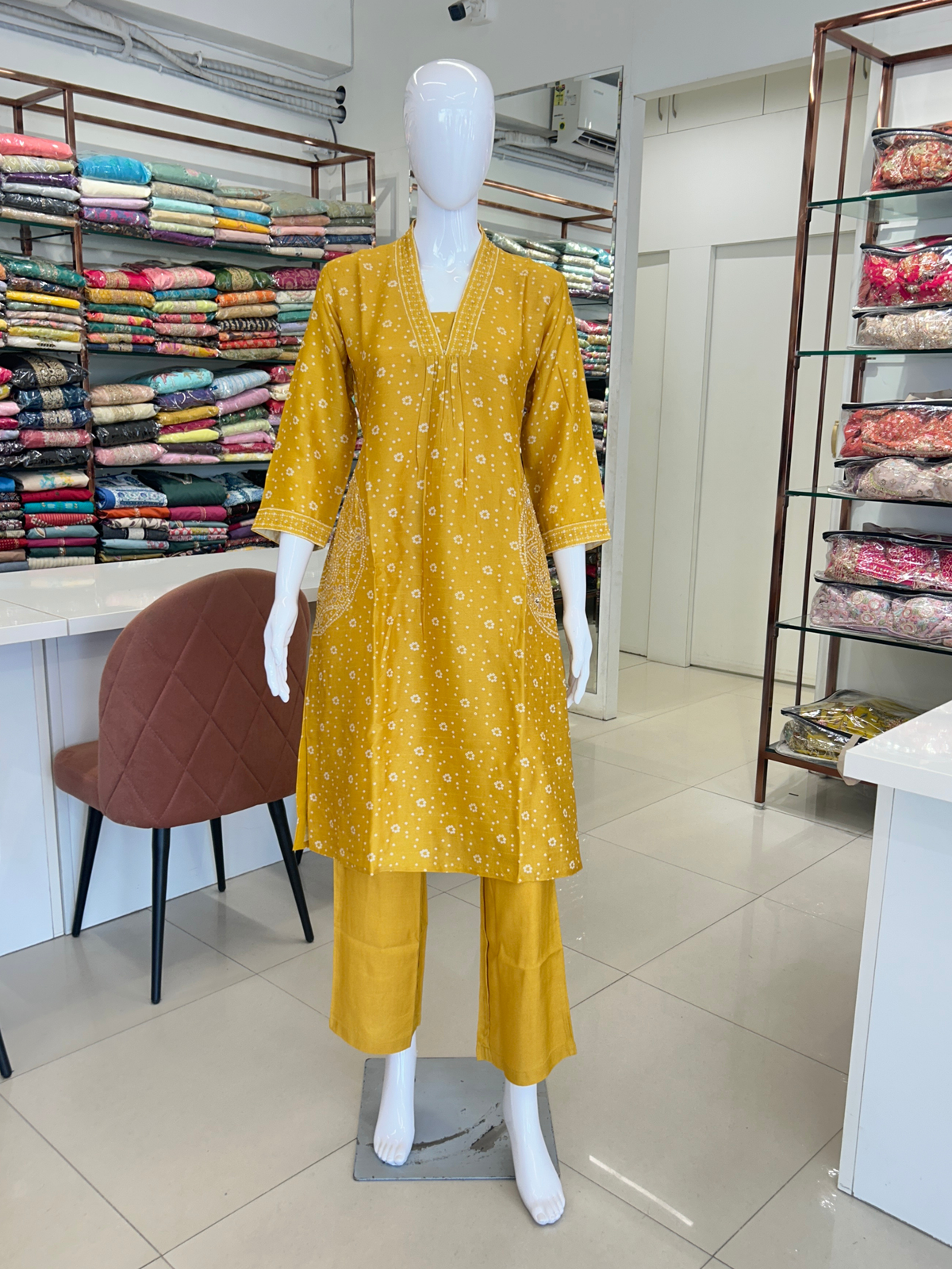 Mustard Bandhini Printed Aline Suit